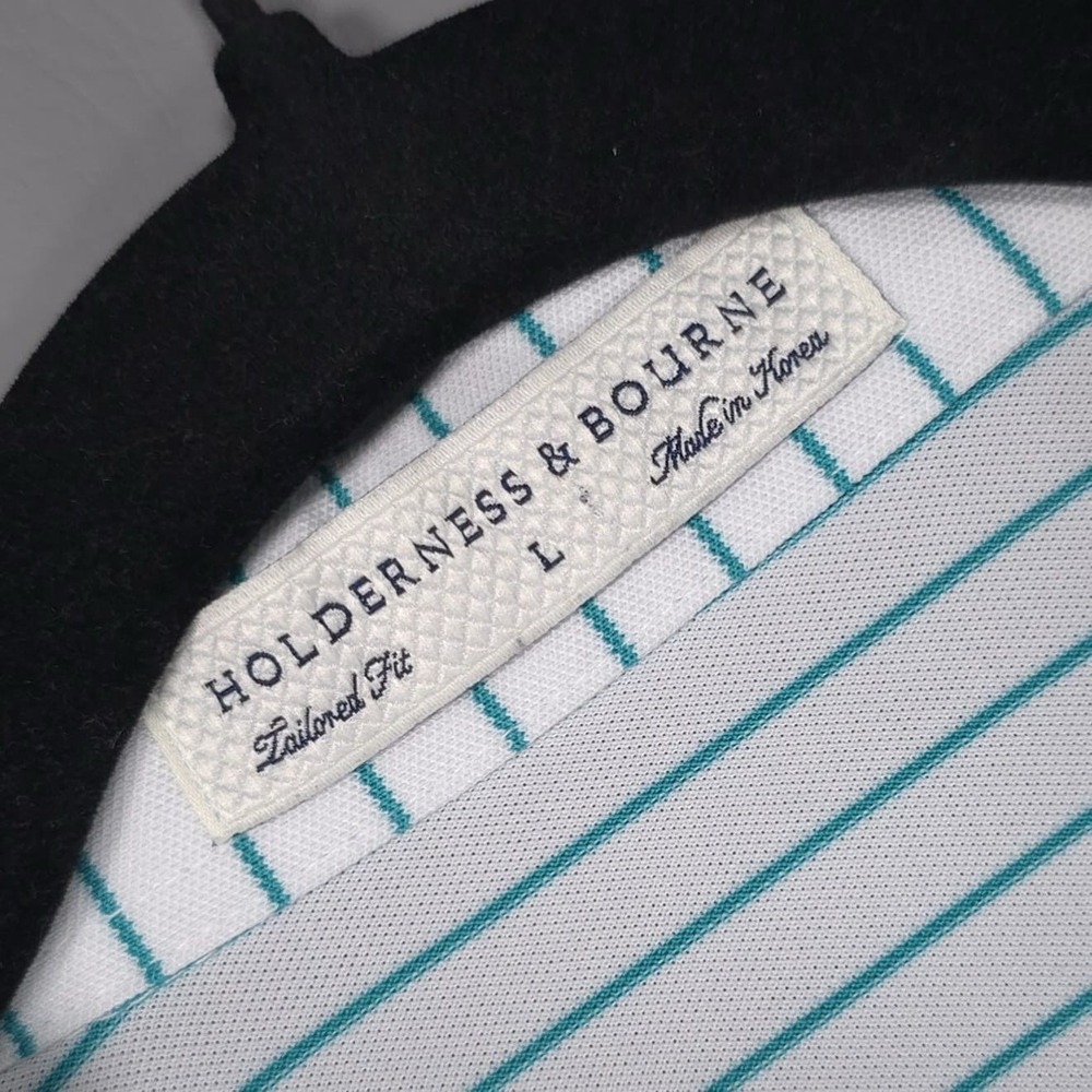 HOLDERNESS BOURNE Men's Polo Shirt LARGE Green Striped Tailored Fit Performance - Picture 3 of 9